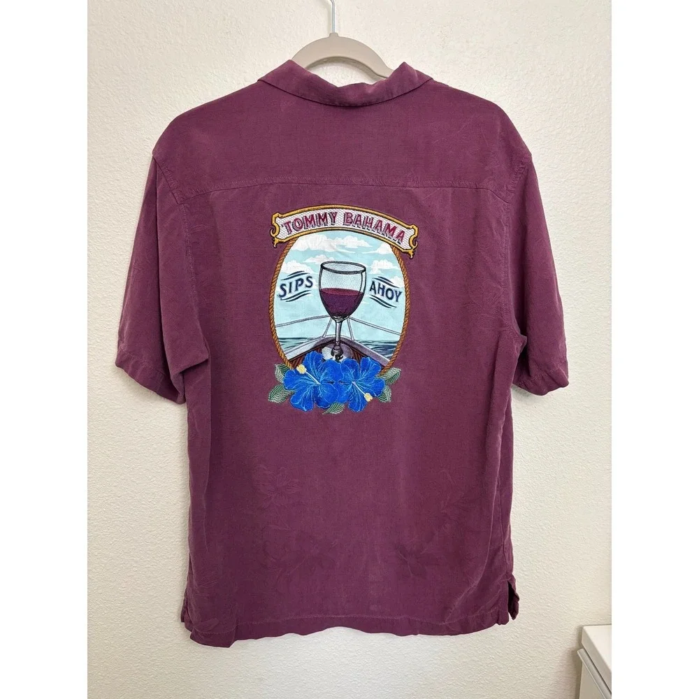 Vintage Rare Tommy Bahama Sips Ahoy Silk shirt embroidered Mens S Wine Floral